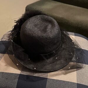 Miss Bierner Black Veiled Cocktail Hat with Beaded Trim and Feather Plumage